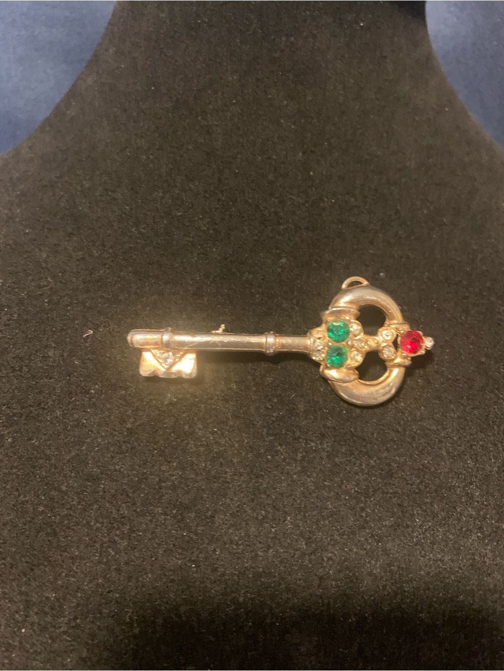 Gold Key Pendant with Red and Green Accent Stones